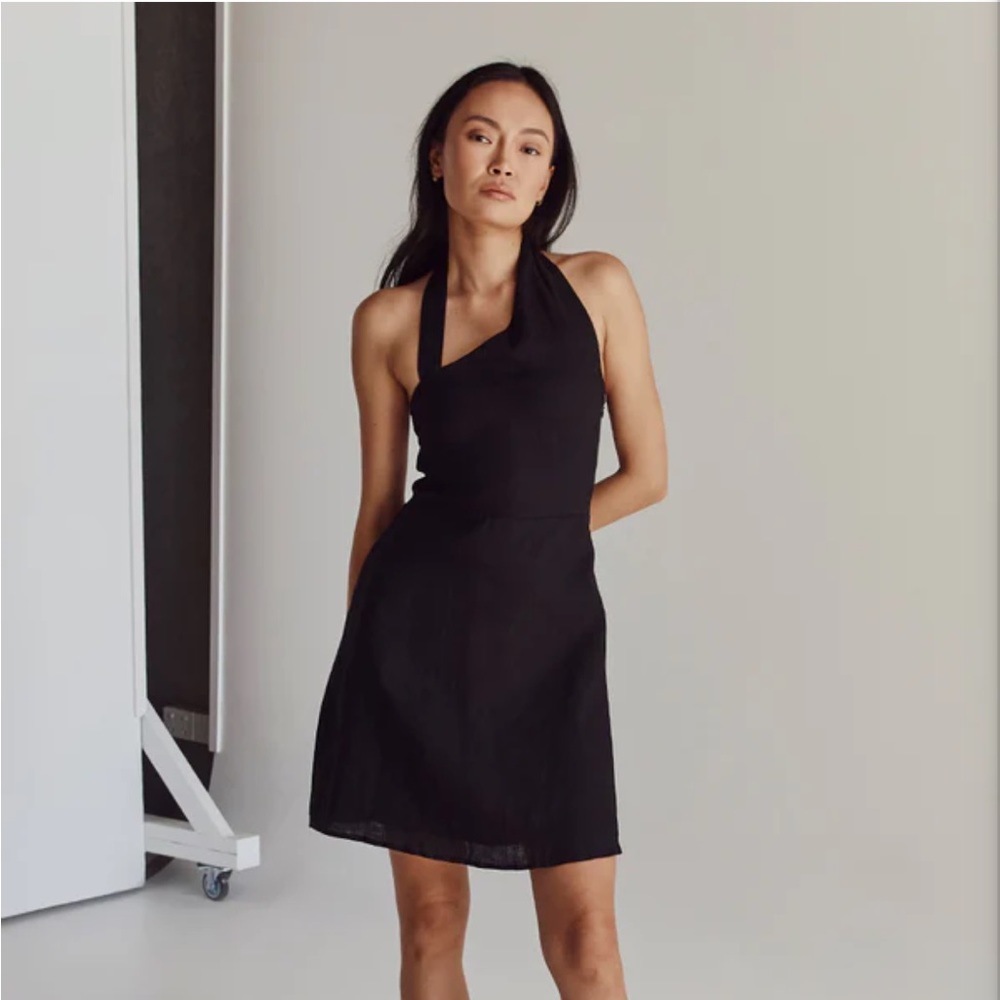 ZOEY BLACK ASYM LINEN MINI DRESS size 6